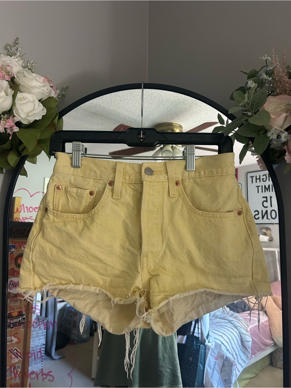 Levi's Yellow Distressed Denim Cutoff Shorts
